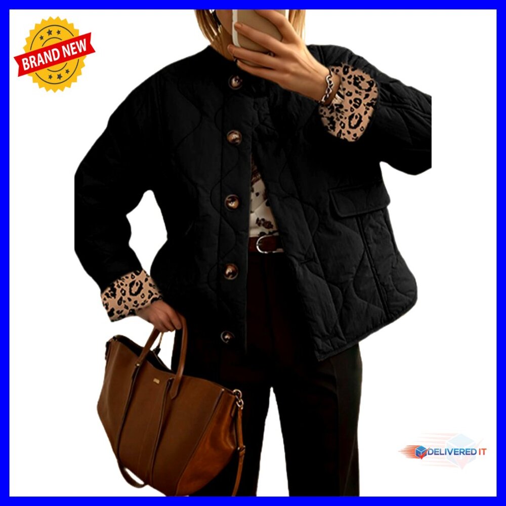 Quilted Puffer Jacket Button Down Leopard Print C… - image 1